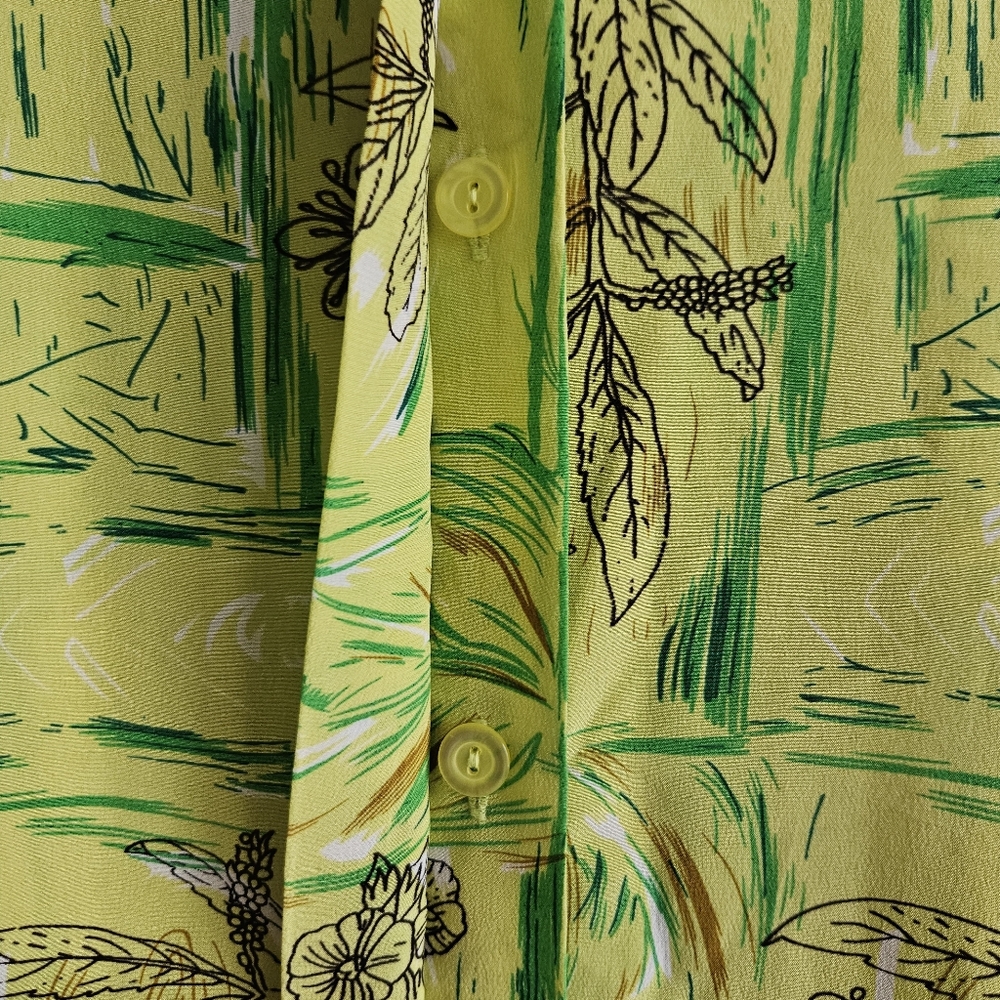 Vintage 90s PIANO Lime Green Silk Blouse Floral Print Long Sleeve Shirt 1X - Picture 4 of 12